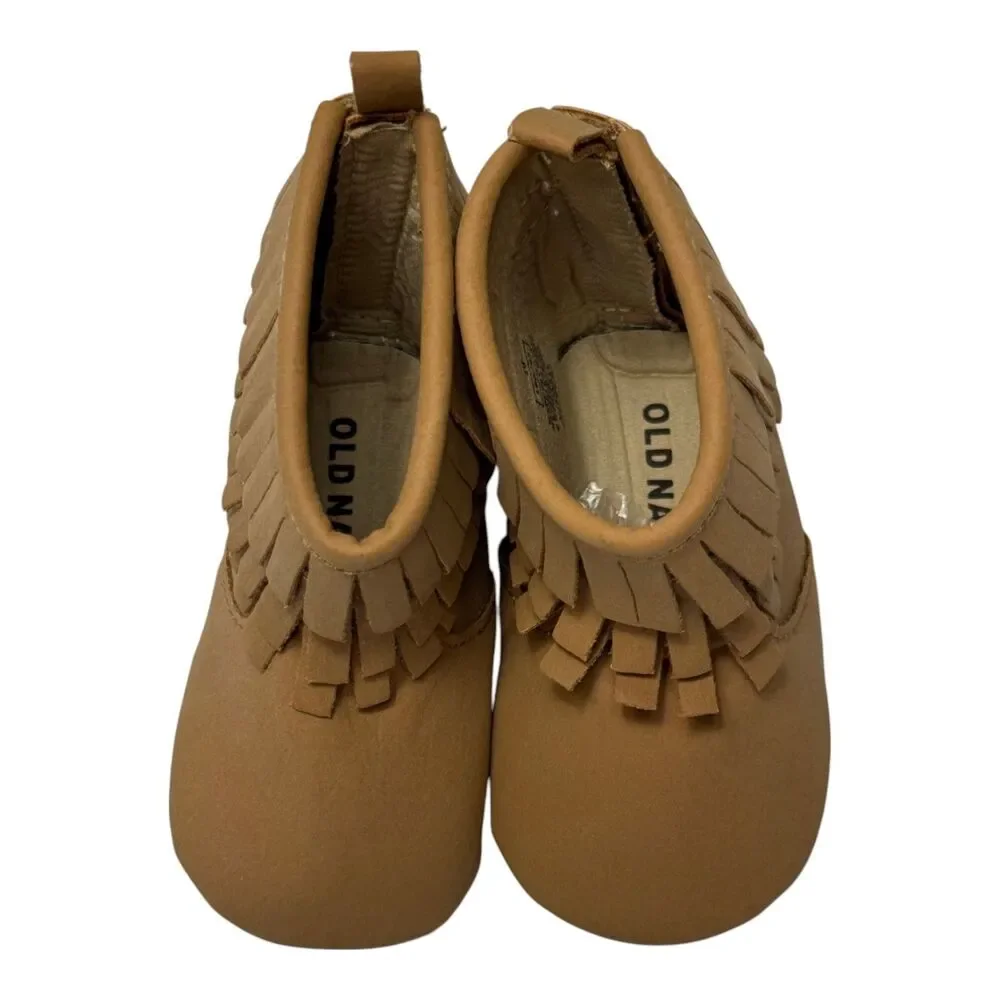 Old Navy Baby Moccasin Booties 3-6 Months Tan Brown Faux Suede Fringe NWT
